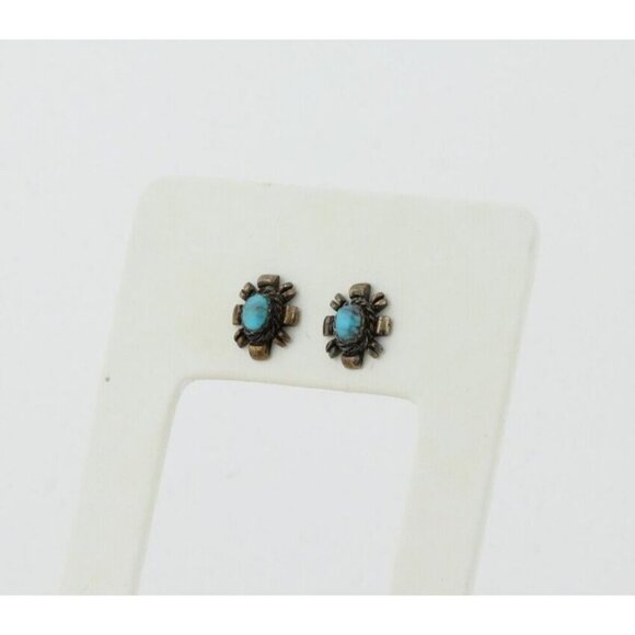 Sterling Silver Small Turquoise Earrings Stud Post 1/2" x 3/8" - Picture 3 of 8